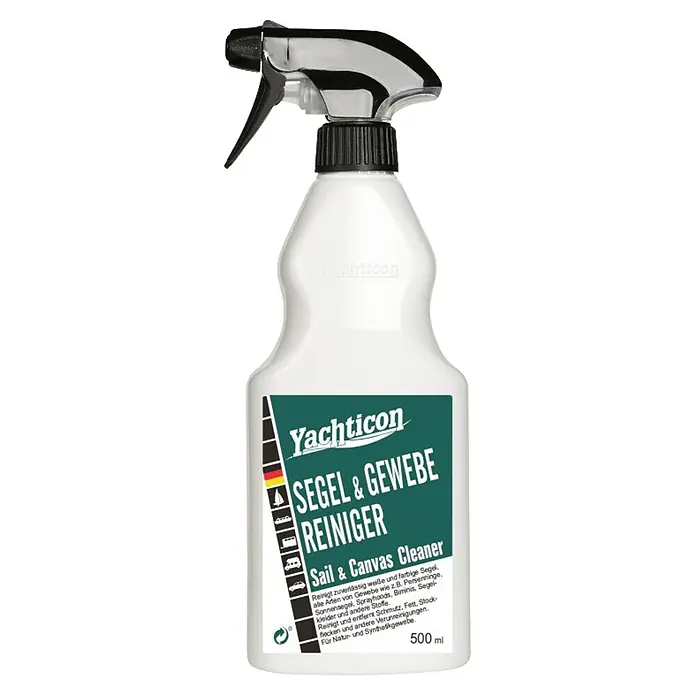 Yachticon Segel- & Gewebereiniger - Flüssig, 500 ml - Weiße Yachticon Sprühflasche mit schwarzem Sprühkopf und grünem Etikett, für Segel & Gewebe, 500 ml.