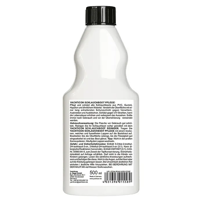 Yachticon Schlauchbootpflege - Flüssig, 500 ml - Weiße 500 ml Flasche Yachticon Schlauchboot Pflege mit schwarzem Verschluss.
