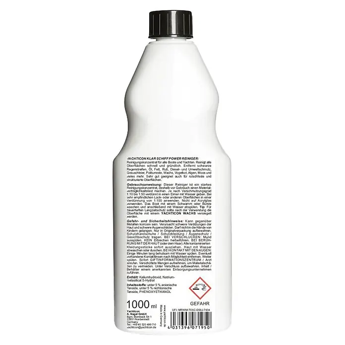 Yachticon Bootsreiniger Klarschiff - Flüssig, 1 l - Weißer 1000 ml Yachticon Klar Schiff Power Reiniger, ein Reinigungskonzentrat für Boote und Yachten, mit schwarzem Schraubverschluss.