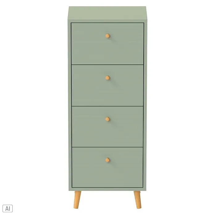 Schildmeyer Bjarne Kommode - L x B x H: 33 x 40,3 x 101,3 cm, Pistazie, Anzahl Schubladen: 4 Stk. - Salbeigrüne Kommode mit vier Schubladen, hellen Holzknöpfen und schrägen Beinen.