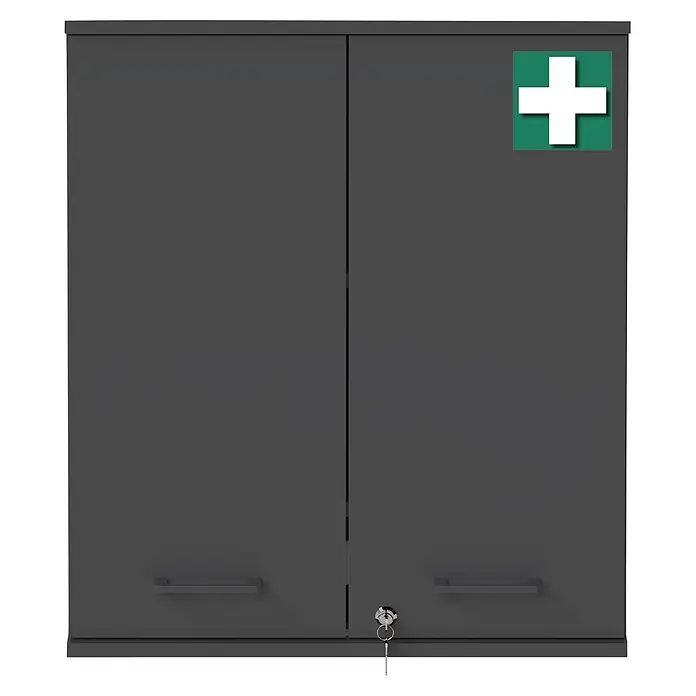 Schildmeyer Galeno Medizinschrank - B x H: 59,8 x 70,8 cm, Anthrazit - Dunkelgrauer zweitüriger Erste-Hilfe-Schrank mit Griffen, Schlüsselschloss und grünem Quadrat mit weißem Kreuzsymbol.