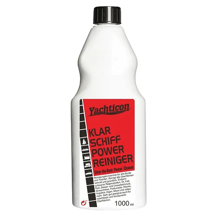 Yachticon Bootsreiniger Klarschiff - Flüssig, 1 l - Weiße Kunststoffflasche mit schwarzem Deckel und rotem Etikett, "Yachticon Klar Schiff Power Reiniger" 1000 ml.