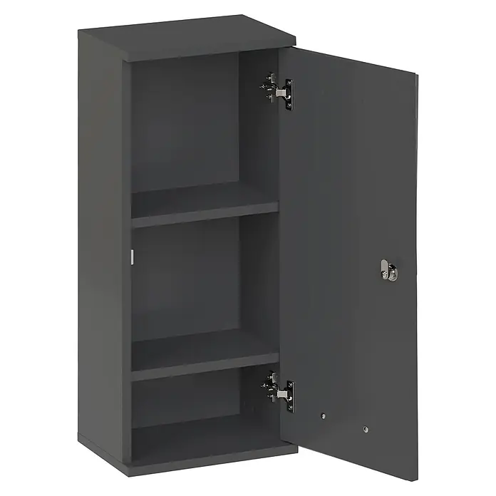 Schildmeyer Galeno Medizinschrank - B x H: 30,3 x 70,8 cm, Anthrazit - Dunkelgrauer Wandschrank mit offener Tür, der zwei Innenregale und Chrombeschläge zeigt.