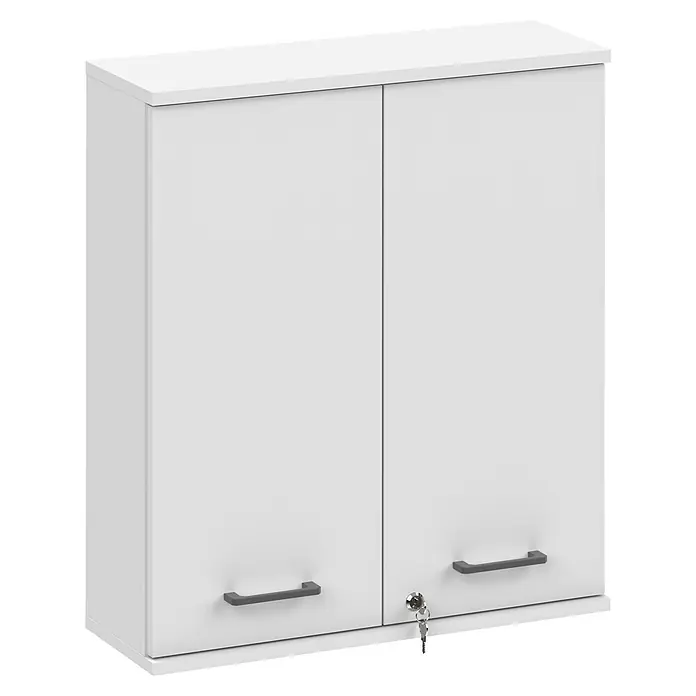 Schildmeyer Galeno Medizinschrank - B x H: 59,8 x 70,8 cm, Weiß - Weißer zweitüriger Schrank mit grauen Griffen und einem Schlüsselschloss an der rechten Tür.