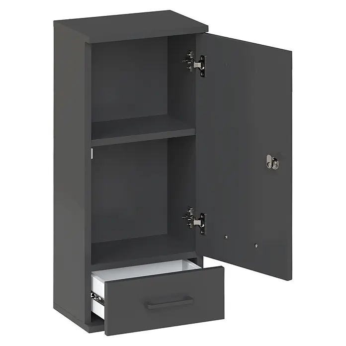 Schildmeyer Galeno Medizinschrank - B x H: 30,3 x 70,8 cm, Anthrazit, Anzahl Schubladen: 1 Stk. - Dunkelgrauer Schrank mit offener Tür, zwei Einlegeböden und einer geöffneten Schublade.