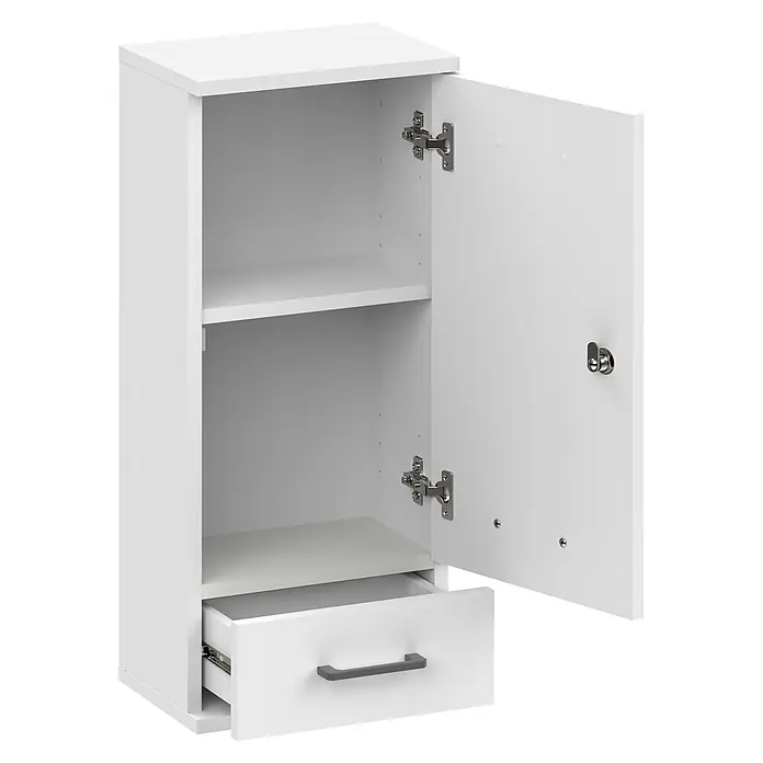 Schildmeyer Galeno Medizinschrank - B x H: 30,3 x 70,8 cm, Weiß, Anzahl Schubladen: 1 Stk. - Weißer Schrank mit offener Tür, Regalböden und teilweise geöffneter Schublade.