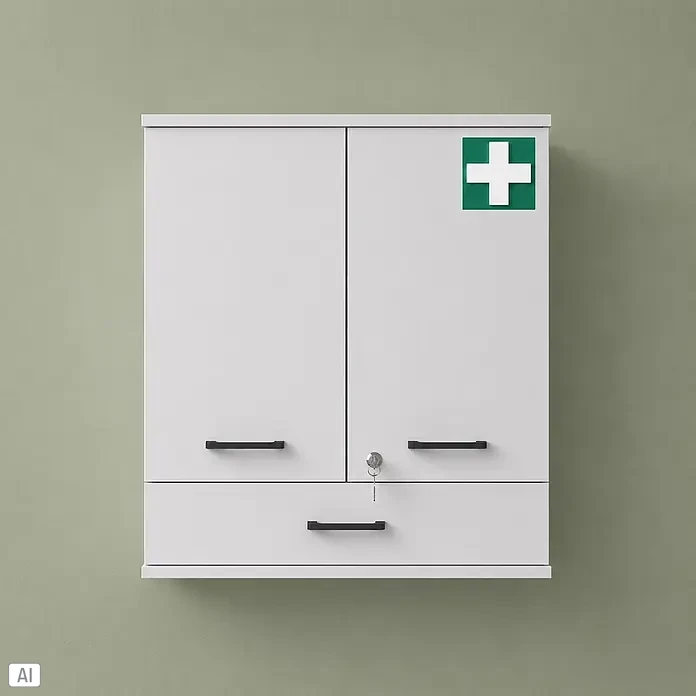 Schildmeyer Galeno Medizinschrank - B x H: 59,8 x 70,8 cm, Weiß, Anzahl Schubladen: 1 Stk. - Weißer Wand-Erste-Hilfe-Schrank mit grünem Kreuz-Symbol, schwarzen Griffen und Schlüssel.