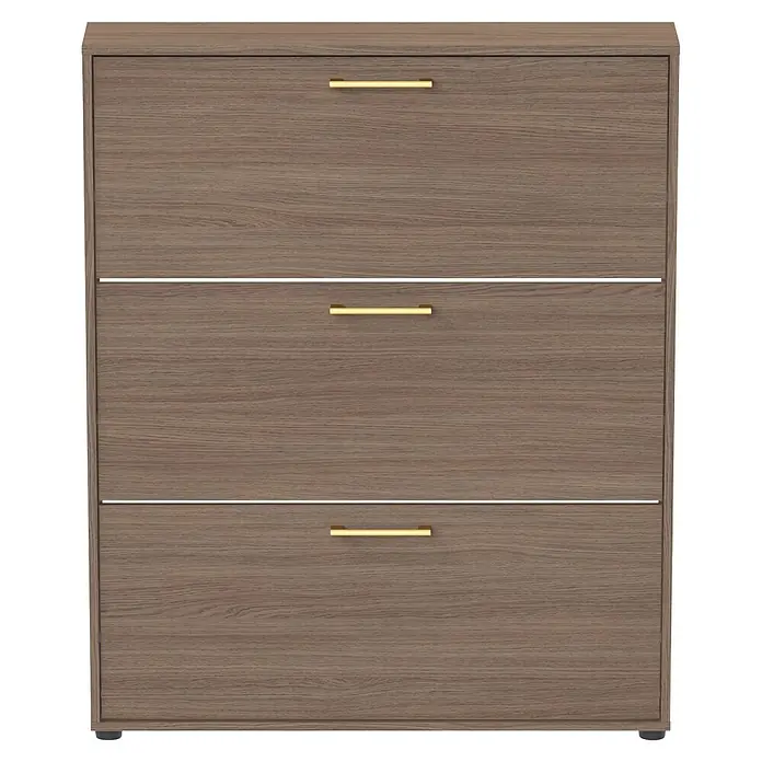 Schildmeyer Glenn Schuhregal - L x B x H: 19,5 x 99,5 x 122 cm, Nussbaum, Anzahl Fächer: 3 Stk. - Moderner hellbrauner Schuhschrank in Holzoptik mit drei Kippfächern und goldenen Griffen.