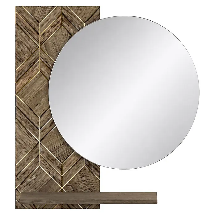 Schildmeyer Glenn Garderobenpaneel mit Spiegel - L x B x H: 11,2 x 65 x 75 cm, Holzwerkstoff, Nussbaum/ArtDeco - Runder Spiegel auf rechteckiger Holzplatte mit goldener Chevron-Intarsie und passender Holzablage.