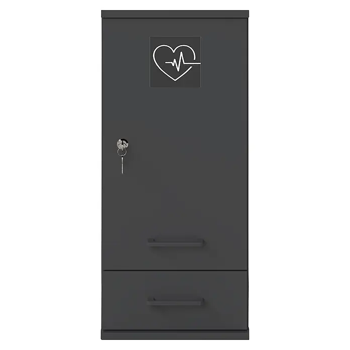Schildmeyer Galeno Medizinschrank - B x H: 30,3 x 70,8 cm, Anthrazit, Anzahl Schubladen: 1 Stk. - Dunkelgrauer Medikamentenschrank mit Herz-EKG-Symbol, Schloss mit Schlüssel und zwei unteren Schubladen.