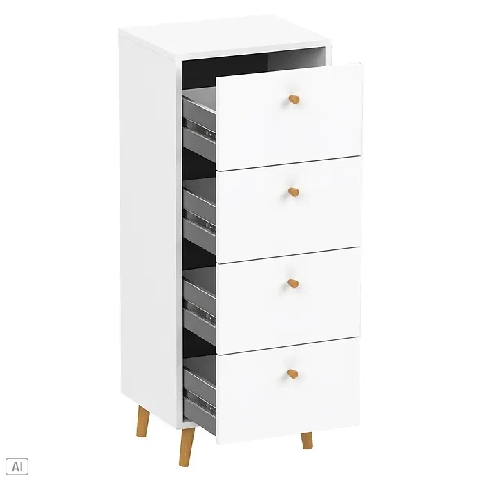 Schildmeyer Bjarne Kommode - L x B x H: 33 x 40,3 x 101,3 cm, Weiß, Anzahl Schubladen: 4 Stk. - Weißer Kommode mit vier Schubladen, Holzknöpfen und Holzbeinen, eine Schublade leicht geöffnet.