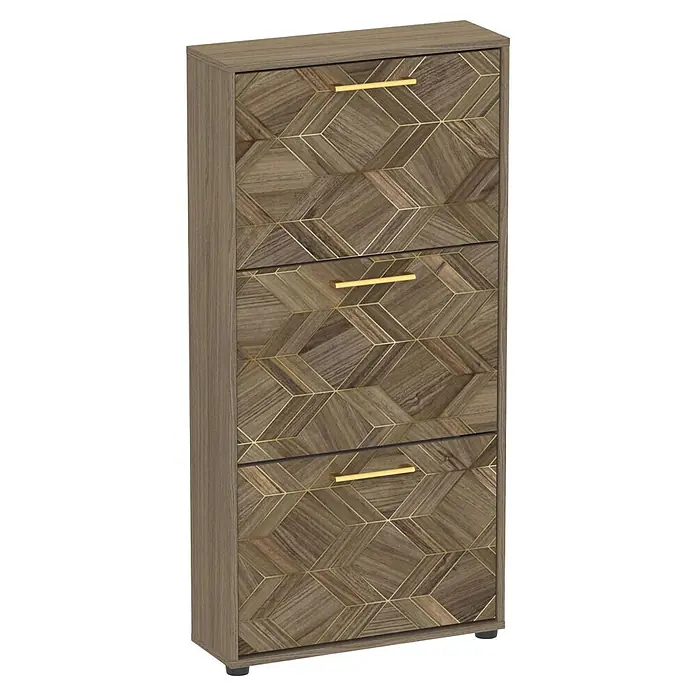 Schildmeyer Glenn Schuhregal - L x B x H: 19,5 x 59,8 x 122 cm, Nussbaum/ArtDeco, Anzahl Fächer: 3 Stk. - Hellbraune Holzkommode mit drei Schubladen, geometrisch gemusterten Fronten und goldenen Griffen.
