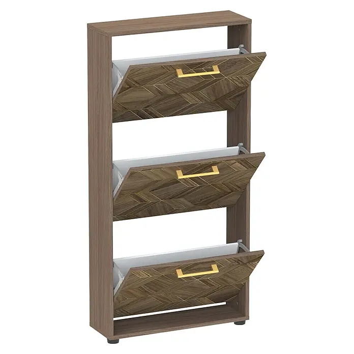 Schildmeyer Glenn Schuhregal - L x B x H: 19,5 x 59,8 x 122 cm, Nussbaum/ArtDeco, Anzahl Fächer: 3 Stk. - Dunkelbrauner Schuhschrank mit drei leicht geöffneten Klapptüren, geometrischem Holzmuster und goldfarbenen Griffen, der weiße Innenfächer zeigt.