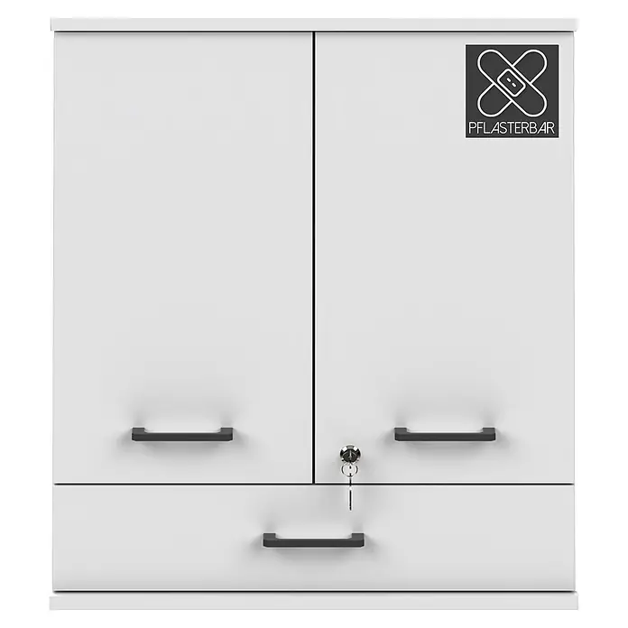 Schildmeyer Galeno Medizinschrank - B x H: 59,8 x 70,8 cm, Weiß, Anzahl Schubladen: 1 Stk. - Weißer Medizinschrank mit zwei Türen, einer Schublade, dunklen Griffen und einem Schloss. Mit ‚PFLASTERBAR‘ Pflaster-Logo.