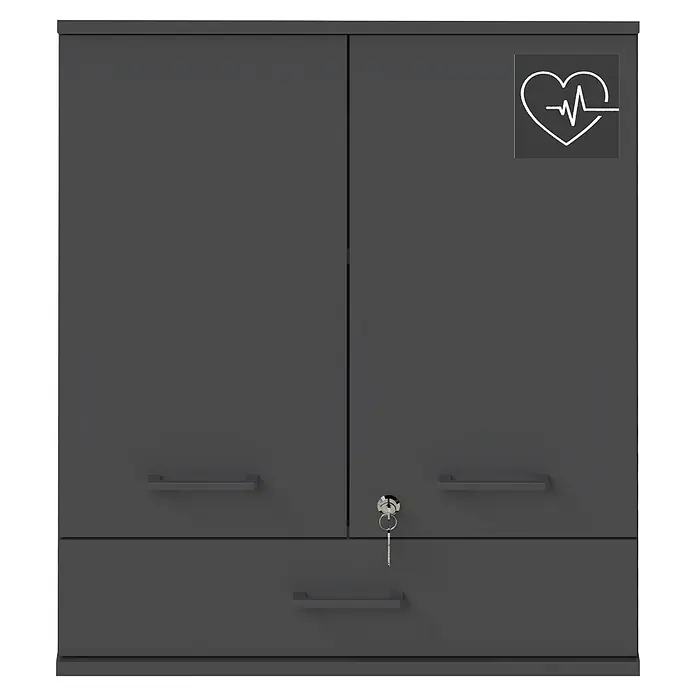 Schildmeyer Galeno Medizinschrank - B x H: 59,8 x 70,8 cm, Anthrazit, Anzahl Schubladen: 1 Stk. - Dunkelgrauer zweitüriger Schrank mit unterer Schublade und Schlüssel, Herz-EKG-Symbol.