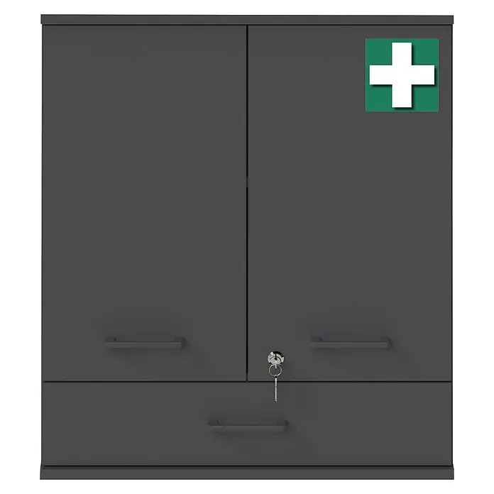 Schildmeyer Galeno Medizinschrank - B x H: 59,8 x 70,8 cm, Anthrazit, Anzahl Schubladen: 1 Stk. - Grauer Erste-Hilfe-Schrank mit zwei Türen, einer Schublade und einem weißen Kreuzsymbol. Ein Schlüssel steckt im Schloss.