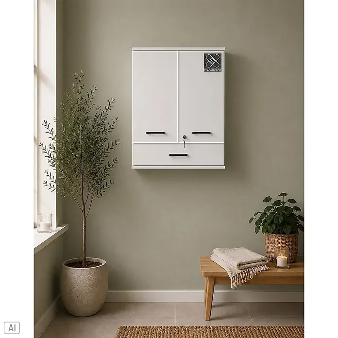 Schildmeyer Galeno Medizinschrank - B x H: 59,8 x 70,8 cm, Weiß, Anzahl Schubladen: 1 Stk. - Weißer Wandschrank mit schwarzen Griffen und Schlüssel, versehen mit einem 'PFLASTERBÄR'-Logo.