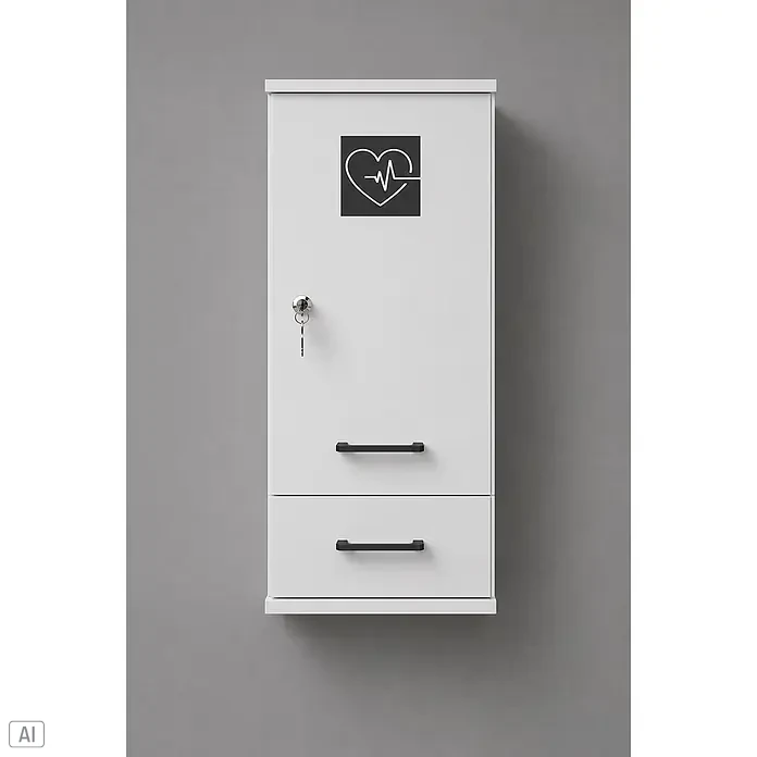 Schildmeyer Galeno Medizinschrank - B x H: 30,3 x 70,8 cm, Weiß, Anzahl Schubladen: 1 Stk. - Weißer Medizinschrank mit Herz-EKG-Symbol, Schlüssel im Schloss und zwei unteren Schubladen mit schwarzen Griffen.