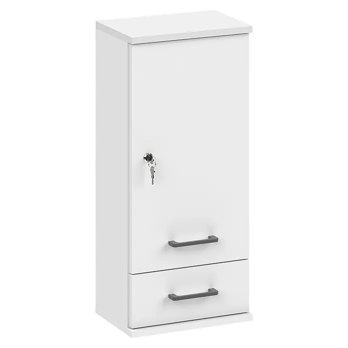 Schildmeyer Galeno Medizinschrank - B x H: 30,3 x 70,8 cm, Weiß, Anzahl Schubladen: 1 Stk. - Weißer Schrank mit abschließbarer Tür, Schlüsseln im Schloss und zwei unteren Schubladen mit grauen Griffen.