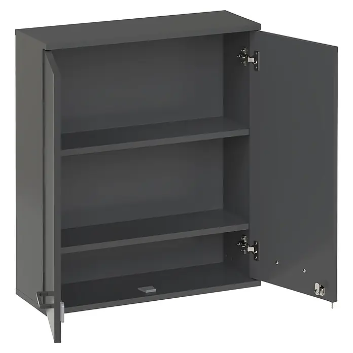 Schildmeyer Galeno Medizinschrank - B x H: 59,8 x 70,8 cm, Anthrazit - Grauer Wandschrank mit offener Tür, die drei Innenregale und Metallscharniere zeigt.