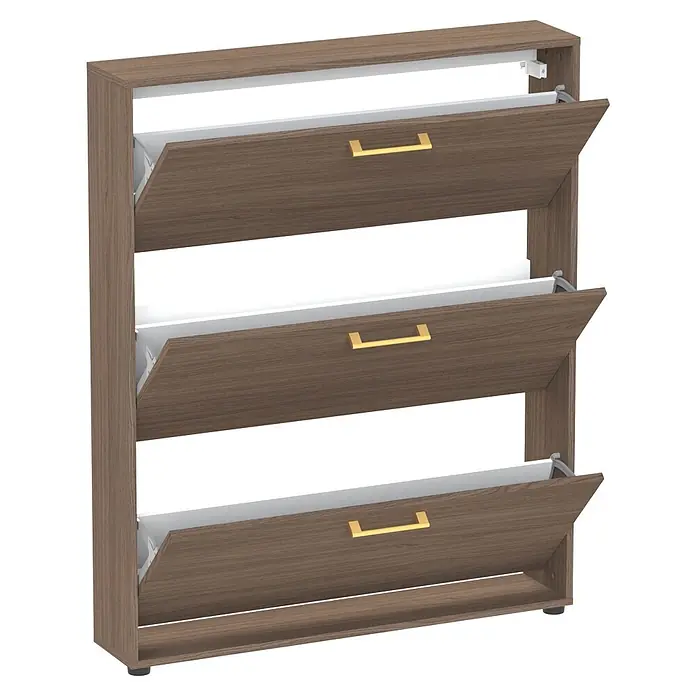 Schildmeyer Glenn Schuhregal - L x B x H: 19,5 x 99,5 x 122 cm, Nussbaum, Anzahl Fächer: 3 Stk. - Brauner Schuhschrank in Holzoptik mit drei offenen Klappfächern und goldenen Griffen.