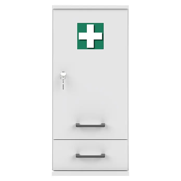 Schildmeyer Galeno Medizinschrank - B x H: 30,3 x 70,8 cm, Weiß, Anzahl Schubladen: 1 Stk. - Weißer Erste-Hilfe-Schrank mit grünem Kreuz, Schlüssel im Schloss und zwei unteren Schubladen mit grauen Griffen.