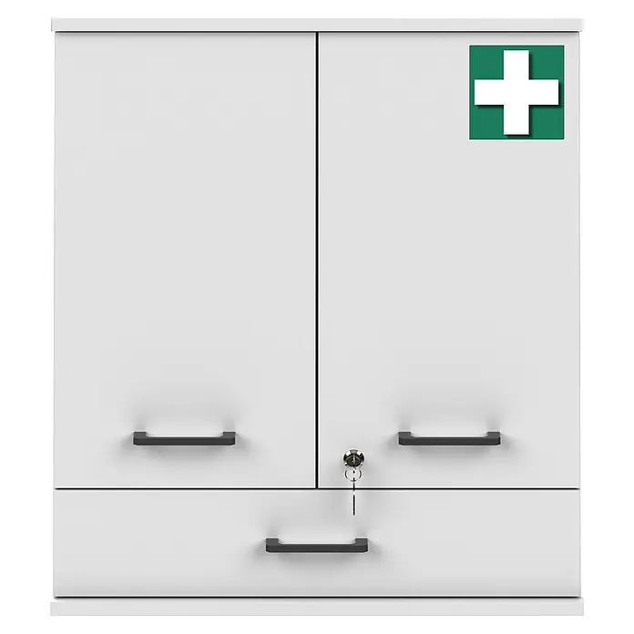 Schildmeyer Galeno Medizinschrank - B x H: 59,8 x 70,8 cm, Weiß, Anzahl Schubladen: 1 Stk. - Weißer Erste-Hilfe-Schrank aus Metall mit zwei Türen, einer Schublade, schwarzen Griffen und Schloss, mit grünem Erste-Hilfe-Kreuz.