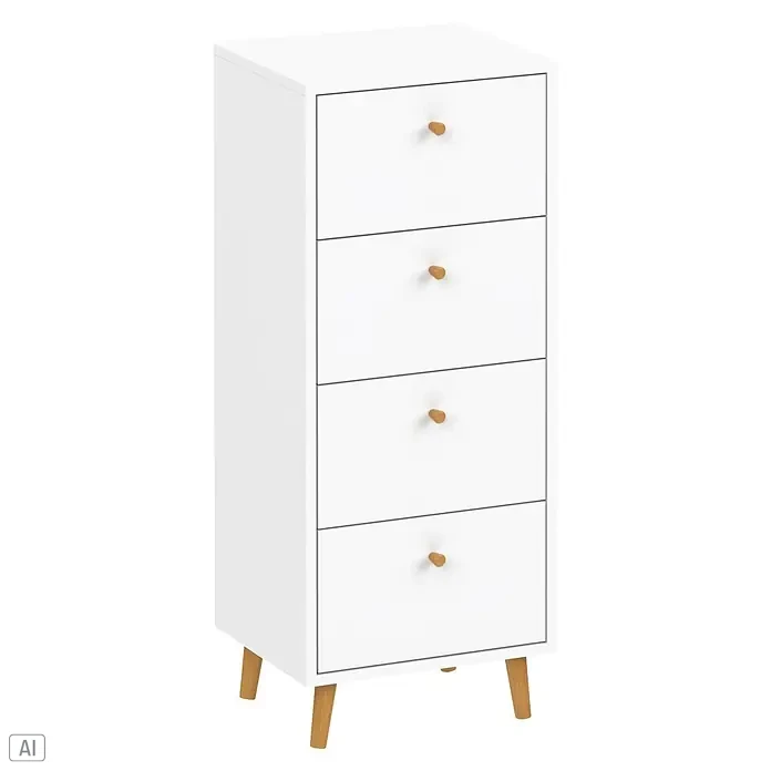 Schildmeyer Bjarne Kommode - L x B x H: 33 x 40,3 x 101,3 cm, Weiß, Anzahl Schubladen: 4 Stk. - Weiße Kommode mit vier Schubladen, Holzknöpfen und konischen Beinen aus Naturholz.