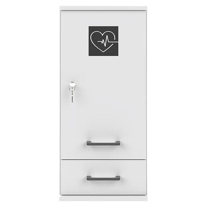 Schildmeyer Galeno Medizinschrank - B x H: 30,3 x 70,8 cm, Weiß, Anzahl Schubladen: 1 Stk. - Weißer Medikamentenschrank aus Metall mit Herz-EKG-Symbol, Schloss mit Schlüssel und zwei Schubladen.