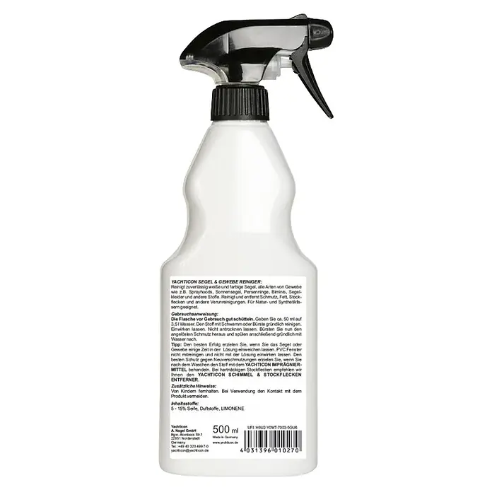 Yachticon Segel- & Gewebereiniger - Flüssig, 500 ml - Weiße 500ml Yachticon Segel- und Gewebereiniger-Sprühflasche mit schwarzem Sprühkopf.