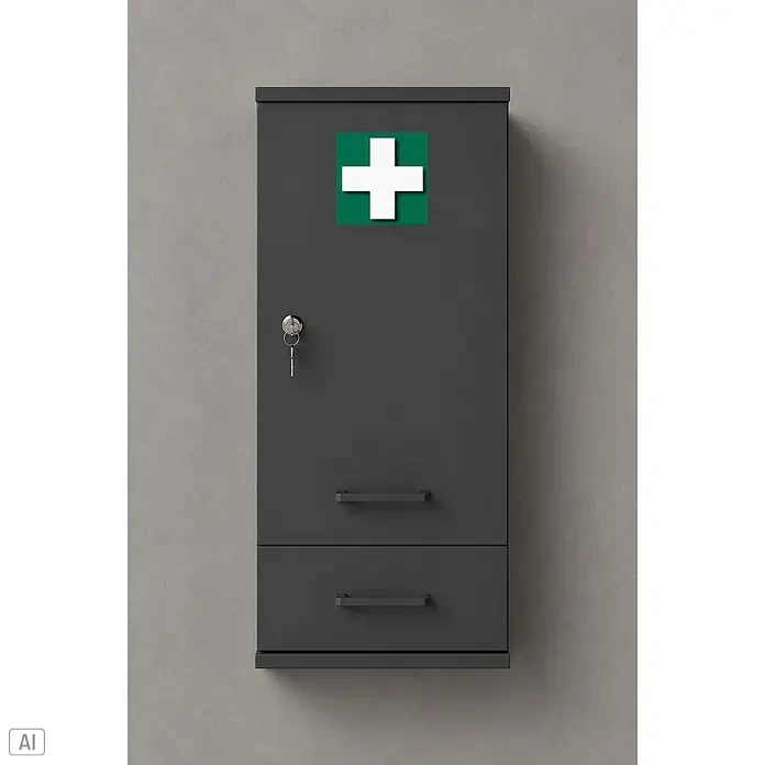 Schildmeyer Galeno Medizinschrank - B x H: 30,3 x 70,8 cm, Anthrazit, Anzahl Schubladen: 1 Stk. - Dunkelgrauer Erste-Hilfe-Schrank mit grünem Kreuz, Schloss mit Schlüssel und zwei Schubladen.