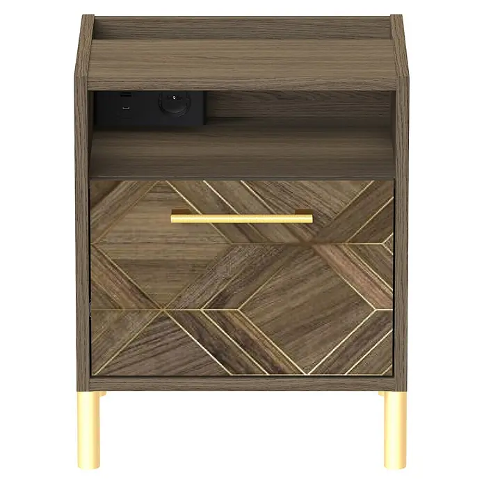 Schildmeyer Glenn Nachttisch - 32,7 x 40,2 x 49,5 cm, Holzwerkstoff, Nussbaum/ArtDeco - Nachttisch aus Holz mit gemusterter Schublade, goldfarbenem Griff und Beinen. Offenes Fach mit integrierten USB- und Steckdosen.