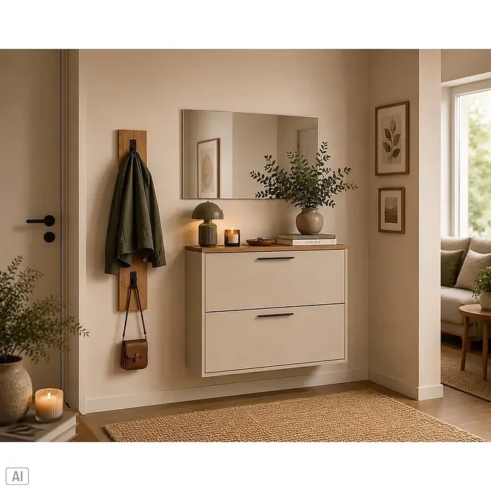 Schildmeyer Saga Spiegel - B x H: 50 x 99,5 cm - Heller beiger Schuhschrank mit zwei Schubladen, Holzplatte und schwarzen Griffen in einem Flur, dekoriert mit Spiegel, Lampe und Pflanzen.