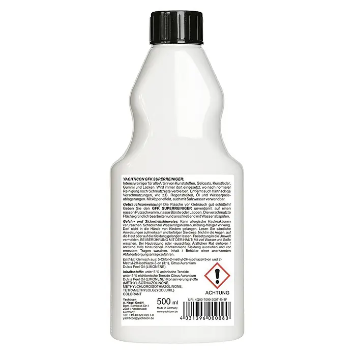 Yachticon GFK-Superreiniger - 500 ml - Weiße Kunststoffflasche Yachticon GFK Superreiniger mit schwarzem Schraubverschluss und detailliertem Produktetikett.