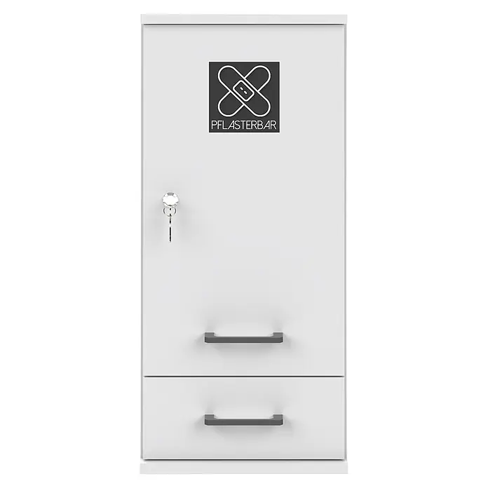 Schildmeyer Galeno Medizinschrank - B x H: 30,3 x 70,8 cm, Weiß, Anzahl Schubladen: 1 Stk. - Weißer Schrank mit zwei Schubladen, Schloss und "PFLASTERBAR"-Logo mit Verbandsymbol.