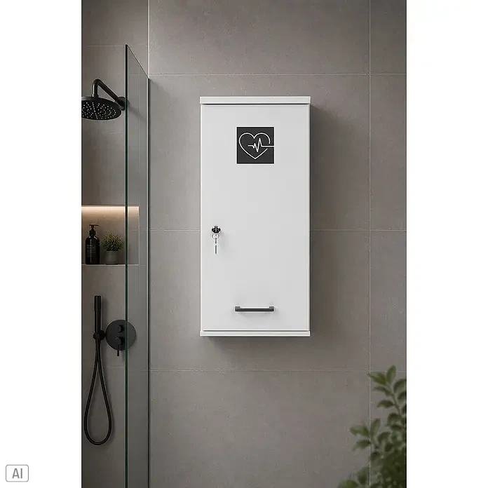 Schildmeyer Galeno Medizinschrank - B x H: 30,3 x 70,8 cm, Weiß - Weißer Medizinschrank mit Herz- und EKG-Symbol, sicher an einer grauen Badezimmerwand montiert.