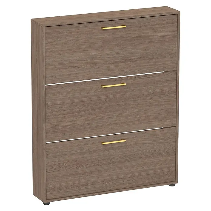 Schildmeyer Glenn Schuhregal - L x B x H: 19,5 x 99,5 x 122 cm, Nussbaum, Anzahl Fächer: 3 Stk. - Hölzerner Schuhschrank in hellem Braunton mit drei Kippfächern und schlanken goldenen Griffen.