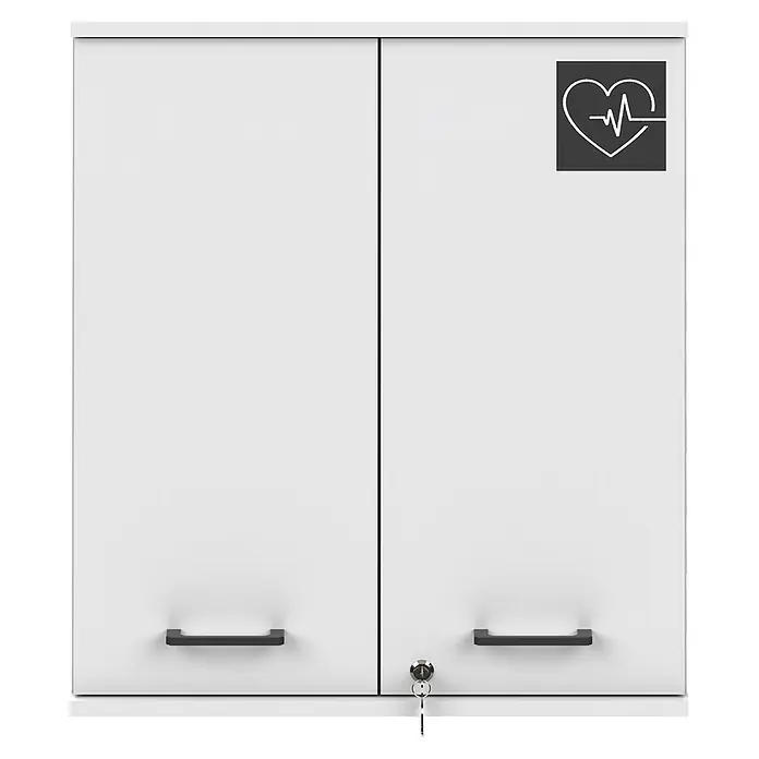 Schildmeyer Galeno Medizinschrank - B x H: 59,8 x 70,8 cm, Weiß - Weißer zweitüriger Medizinschrank mit dunklen Griffen, Schloss und Herz-EKG-Symbol auf der rechten Tür.