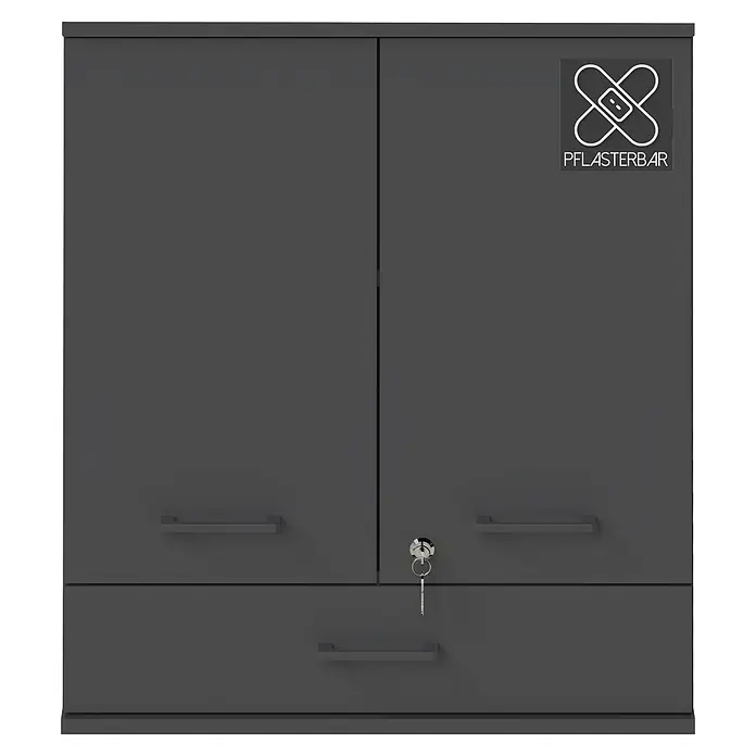 Schildmeyer Galeno Medizinschrank - B x H: 59,8 x 70,8 cm, Anthrazit, Anzahl Schubladen: 1 Stk. - Dunkelgrauer Schrank mit zwei oberen Türen, einer Schublade, silbernen Griffen und PFLASTERBAR-Logo. Ein Schlüssel steckt im Schloss.