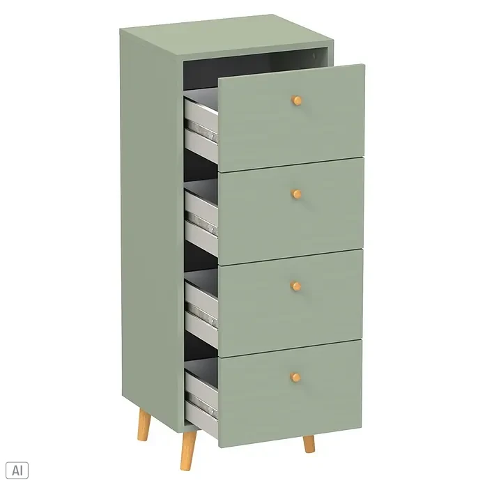 Schildmeyer Bjarne Kommode - L x B x H: 33 x 40,3 x 101,3 cm, Pistazie, Anzahl Schubladen: 4 Stk. - Hellgrüne Kommode mit Holzbeinen und -knöpfen, eine Schublade leicht geöffnet mit Metalauszügen.