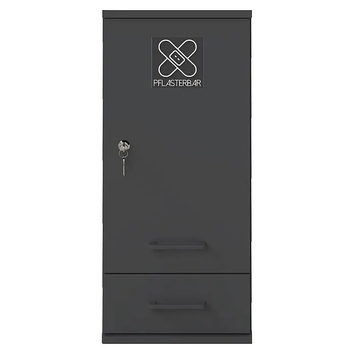 Schildmeyer Galeno Medizinschrank - B x H: 30,3 x 70,8 cm, Anthrazit, Anzahl Schubladen: 1 Stk. - Dunkelgrauer Erste-Hilfe-Schrank mit „PFLASTERBAR“-Logo (gekreuzte Pflaster), Schlüssel im Schloss und zwei unteren Schubladen mit Griffen.