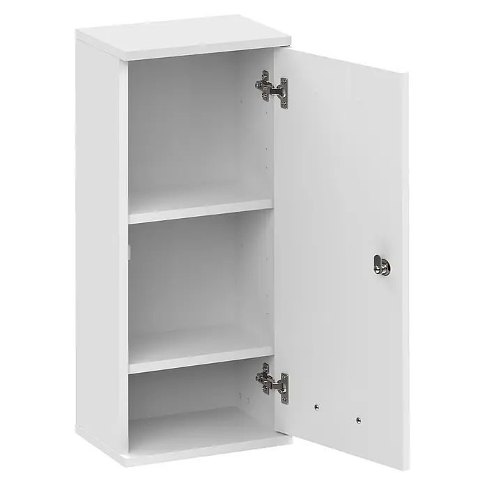 Schildmeyer Galeno Medizinschrank - B x H: 30,3 x 70,8 cm, Weiß - Weißer Wandschrank mit zwei Regalböden und offener Tür, die silberne Scharniere zeigt.
