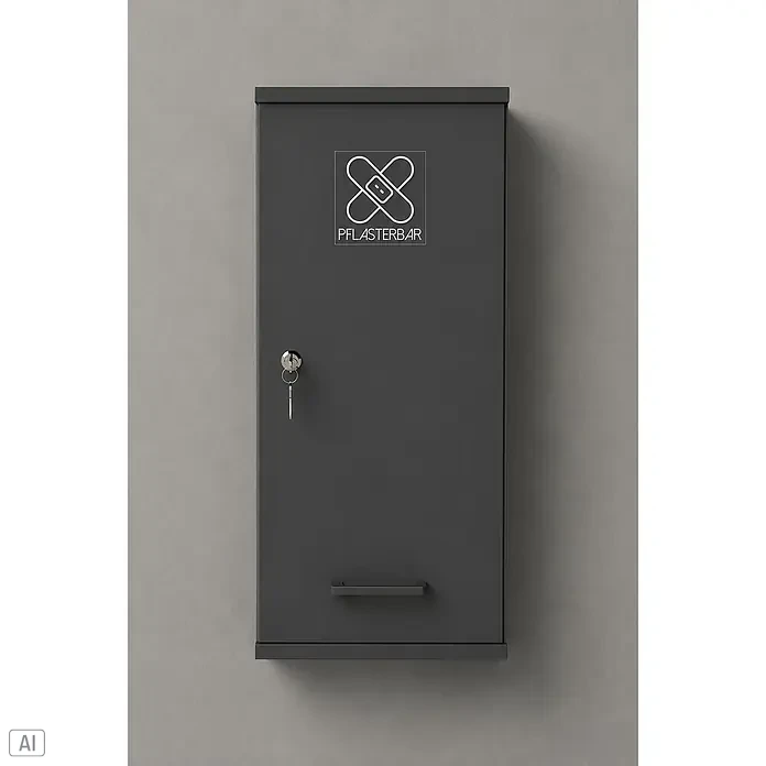 Schildmeyer Galeno Medizinschrank - B x H: 30,3 x 70,8 cm, Anthrazit - Dunkelgrauer Wandschrank mit Schlüssel im Schloss, Griff und weißem 'PFLASTERBAR'-Logo.