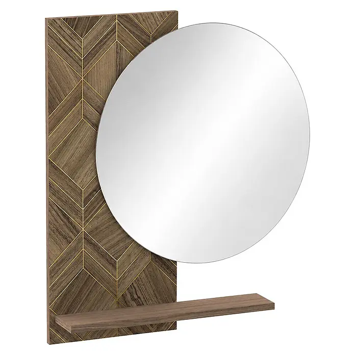 Schildmeyer Glenn Garderobenpaneel mit Spiegel - L x B x H: 11,2 x 65 x 75 cm, Holzwerkstoff, Nussbaum/ArtDeco - Geometrische Holzplatte mit goldenen Akzenten, rundem Spiegel und Ablage.