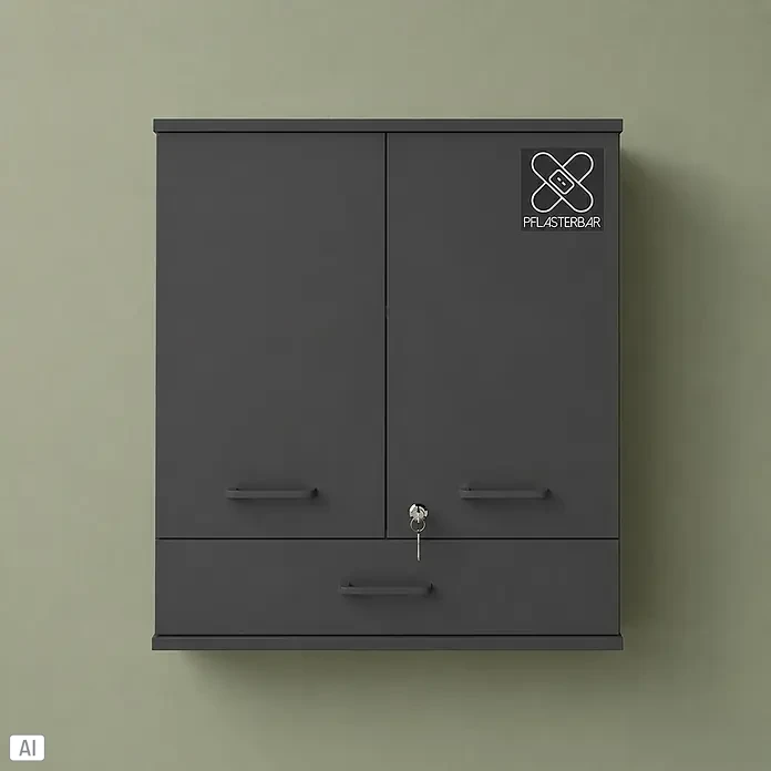 Schildmeyer Galeno Medizinschrank - B x H: 59,8 x 70,8 cm, Anthrazit, Anzahl Schubladen: 1 Stk. - Dunkelgrauer Wandschrank mit zwei Türen, einer Schublade, Schloss mit Schlüsseln und Logo.