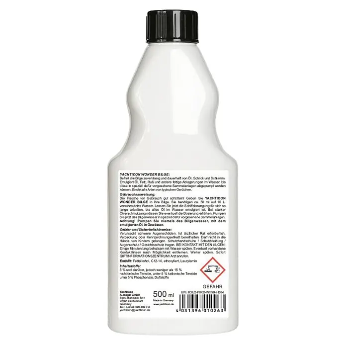 Yachticon Wonder Bilge - Flüssig, 500 ml - Weiße Kunststoffflasche Yachticon Wonder Bilge Reinigungsflüssigkeit mit schwarzem Schraubverschluss, 500 ml.