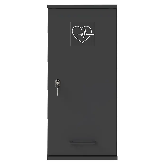 Schildmeyer Galeno Medizinschrank - B x H: 30,3 x 70,8 cm, Anthrazit - Dunkelgrauer Metall-Defibrillatorschrank mit Herz-EKG-Symbol, Schloss mit Schlüsseln und Griff.