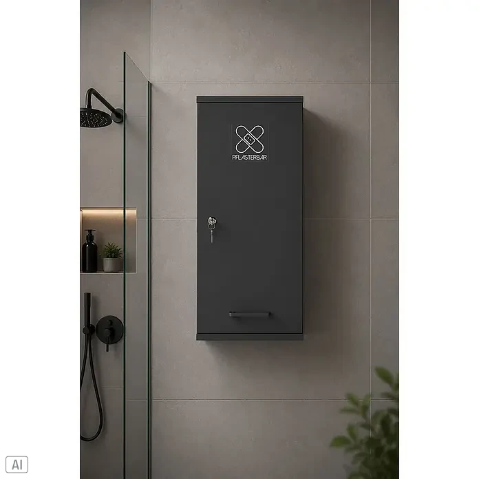 Schildmeyer Galeno Medizinschrank - B x H: 30,3 x 70,8 cm, Anthrazit - Dunkelgrauer Erste-Hilfe-Schrank mit Pflaster-Logo und Schloss, in einem modernen Bad neben einer Dusche montiert.