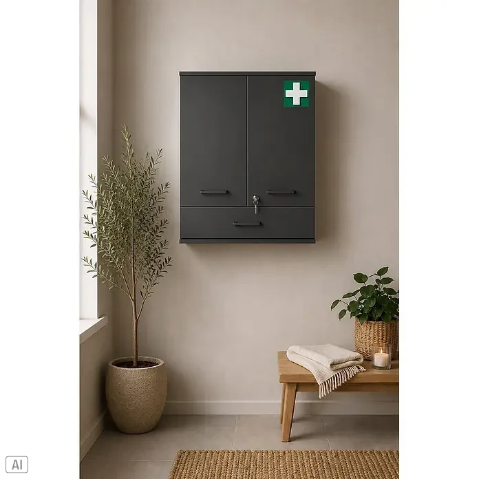 Schildmeyer Galeno Medizinschrank - B x H: 59,8 x 70,8 cm, Anthrazit, Anzahl Schubladen: 1 Stk. - Dunkelgrauer Erste-Hilfe-Schrank zur Wandmontage mit grünem Kreuz und Schlüssel, in einem modernen Raum mit Pflanzen und Bank.