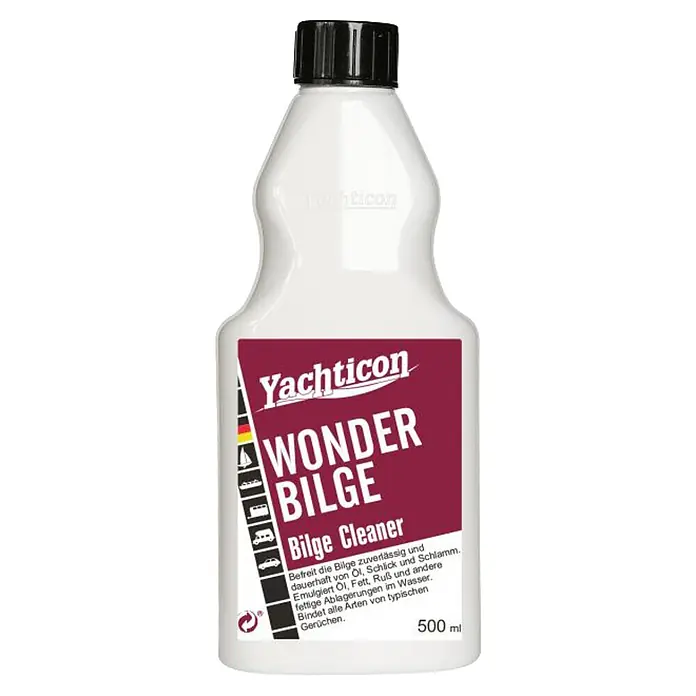 Yachticon Wonder Bilge - Flüssig, 500 ml - Weiße Flasche Yachticon Wonder Bilge Reiniger mit schwarzem Verschluss und violettem Etikett.